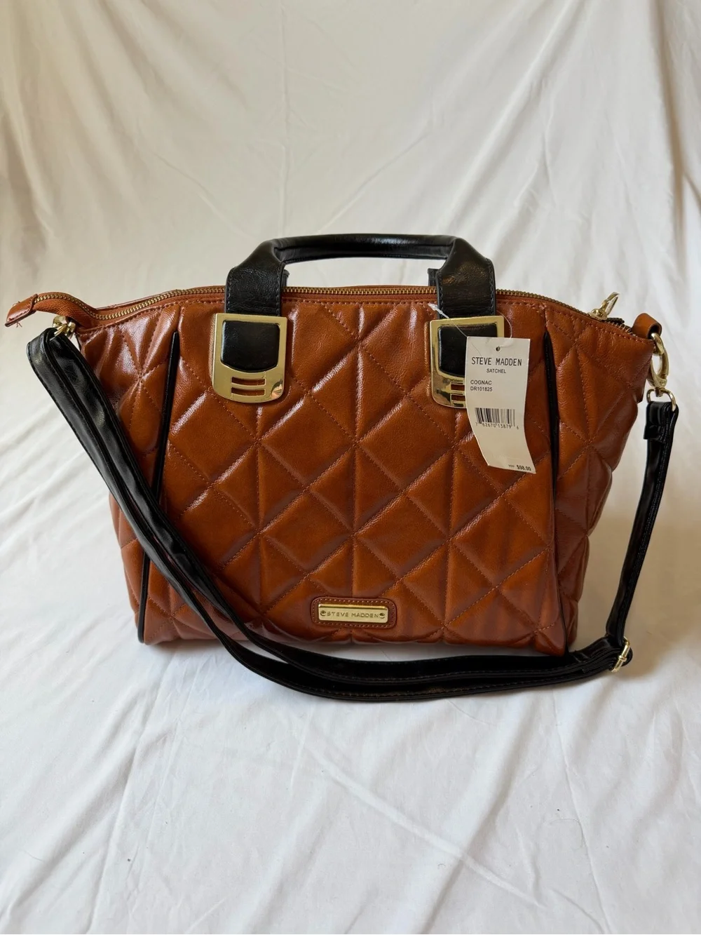 Steve Madden Cognac Quilted Satchel with Black Trim